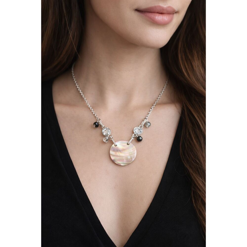 Swarovski Mother of Pearl Pendant Necklace Silver Tone with Crystal Accents 15”
